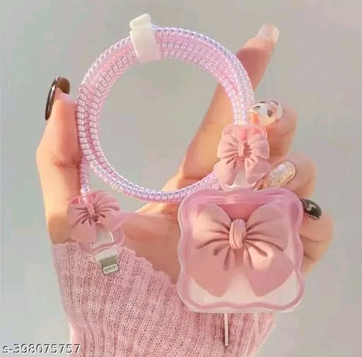 3D Cute Heart Pattern for i Phone Charger only 18W & 20W, Data Line Wire Saver Charging Cable Charger Protective Cable,Full Protection Cover 5 in 1- Purple-Bow