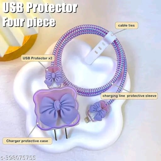 3D Cute Heart Pattern for i Phone Charger only 18W & 20W, Data Line Wire Saver Charging Cable Charger Protective Cable,Full Protection Cover 5 in 1- Purple-Bow