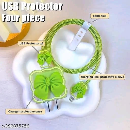 3D Cute Heart Pattern for i Phone Charger only 18W & 20W, Data Line Wire Saver Charging Cable Charger Protective Cable,Full Protection Cover 5 in 1- Purple-Bow