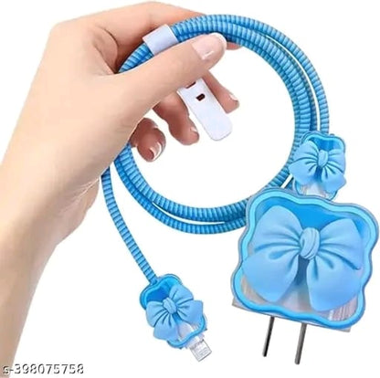 3D Cute Heart Pattern for i Phone Charger only 18W & 20W, Data Line Wire Saver Charging Cable Charger Protective Cable,Full Protection Cover 5 in 1- Purple-Bow