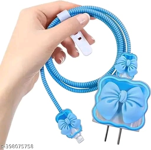 3D Cute Heart Pattern for i Phone Charger only 18W & 20W, Data Line Wire Saver Charging Cable Charger Protective Cable,Full Protection Cover 5 in 1- Purple-Bow