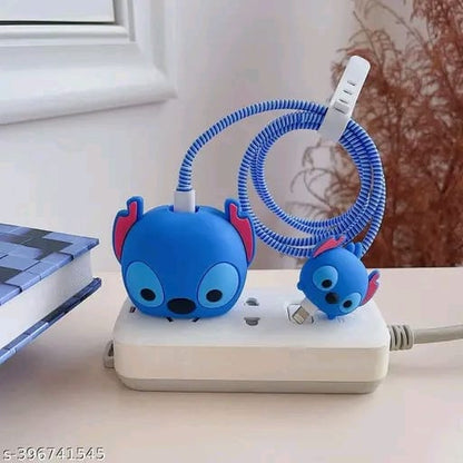 Cable Protector with 3D Cute Pattern for i Phone Charger only 18W & 20W, Data Line Wire Saver Charging Cable Charger Protective Cable,Full Protection Cover 4 in 1-Blue-Cat r ( Will not fit on Android charger )