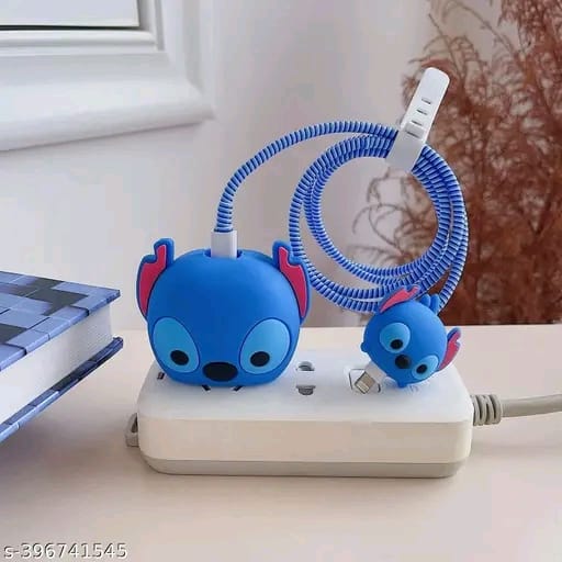 Cable Protector with 3D Cute Pattern for i Phone Charger only 18W & 20W, Data Line Wire Saver Charging Cable Charger Protective Cable,Full Protection Cover 4 in 1-Blue-Cat r ( Will not fit on Android charger )