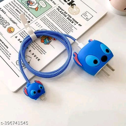 Cable Protector with 3D Cute Pattern for i Phone Charger only 18W & 20W, Data Line Wire Saver Charging Cable Charger Protective Cable,Full Protection Cover 4 in 1-Blue-Cat r ( Will not fit on Android charger )
