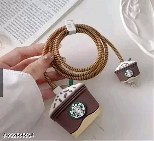 iPhone Charger Cover for 18W-20W Charger Adapter with Spiral Cable Protector Cover, Cute 3D Cartoon Protective Case for iPhone Charger 18W/20W (Star Buck Brown White)