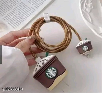 iPhone Charger Cover for 18W-20W Charger Adapter with Spiral Cable Protector Cover, Cute 3D Cartoon Protective Case for iPhone Charger 18W/20W (Star Buck Brown White)