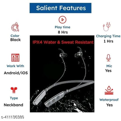 Neckband True Wireless Bluetooth Earphones with 8 Hours Playtime & Compatible for all Smartphones (Black)
