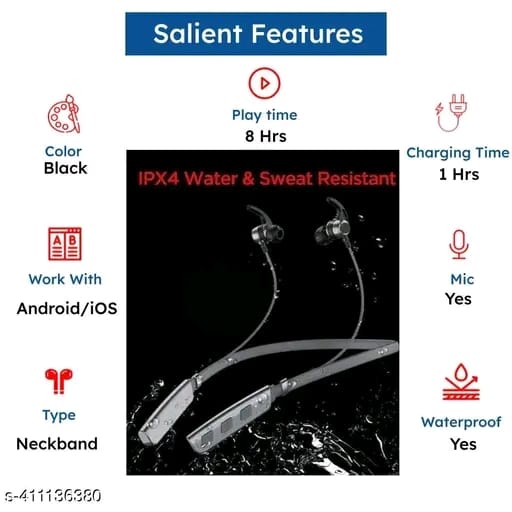 Neckband True Wireless Bluetooth Earphones with 8 Hours Playtime & Compatible for all Smartphones (Black)
