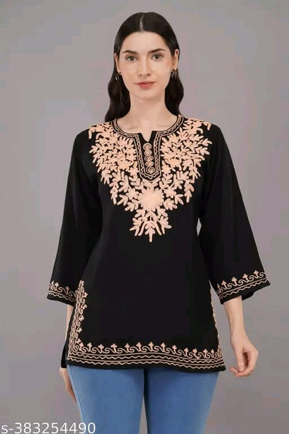Casual Regular Sleeves Embroidered Women Top | Trendy Stylish Lucknow Chikankari Kurta Top Short Kurtis in Hand Embroidered for Women Kashmiri Top