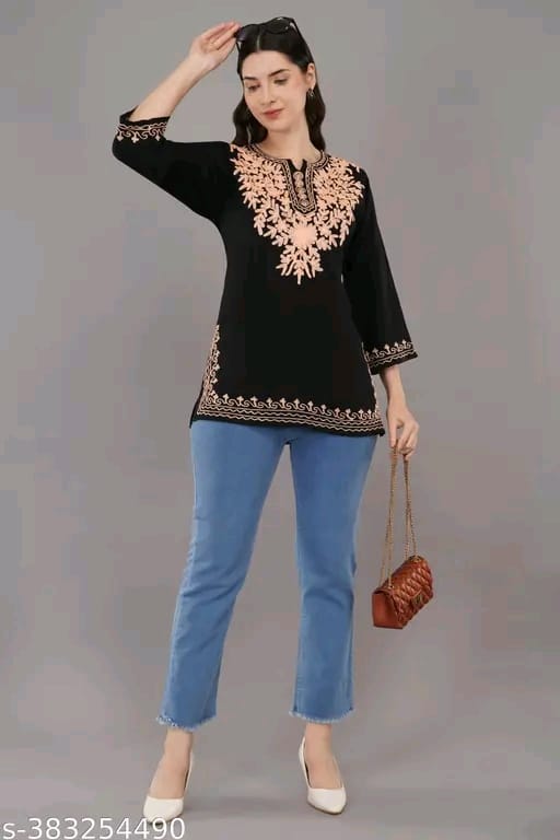 Casual Regular Sleeves Embroidered Women Top | Trendy Stylish Lucknow Chikankari Kurta Top Short Kurtis in Hand Embroidered for Women Kashmiri Top