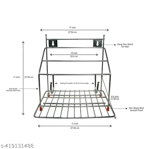 Bhola Steel Stainless Steel Chakla Belan and Tawa Stand for Kitchen - 4 in 1 Tawa Chimta Stand, Rolling Pin Board Holder Wall Stand (Stand Only, Floating Shelves)