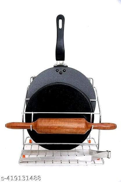 Bhola Steel Stainless Steel Chakla Belan and Tawa Stand for Kitchen - 4 in 1 Tawa Chimta Stand, Rolling Pin Board Holder Wall Stand (Stand Only, Floating Shelves)