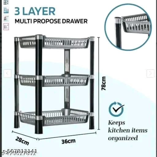 Plastic Trolley Rack for Kitchen Storage Vegetable Organizer, Vegetable Stand for Kitchen Basket, Storage Racks (3 Layer, Grey)