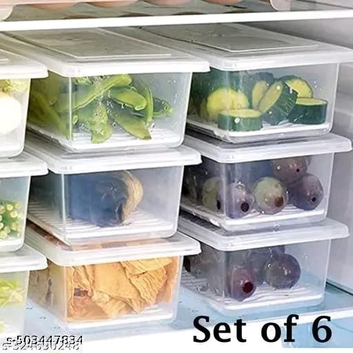 VEDANSHI (Pack Of 6) Fridge Storage Boxes Fridge Organizer with Removable Drain Plate and Lid Stackable Fridge Storage Containers Plastic Freezer Storage Containers for Fish, Meat, Vegetables