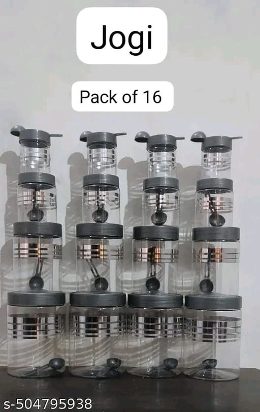 Premium 16 pcs Line Printed Storage Container With 16 Pcs Spoon (FREE) , (4 Piece-1200ml , 4 Piece - 650ml , 4 Piece -350ml , 4 Piece -250ml Each), Color - Silver Clear |BPA FREE | STORAGE CONTAINER ..