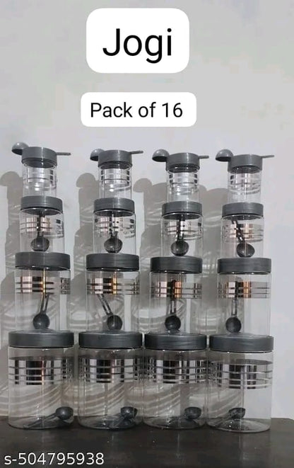 Premium 16 pcs Line Printed Storage Container With 16 Pcs Spoon (FREE) , (4 Piece-1200ml , 4 Piece - 650ml , 4 Piece -350ml , 4 Piece -250ml Each), Color - Silver Clear |BPA FREE | STORAGE CONTAINER ..