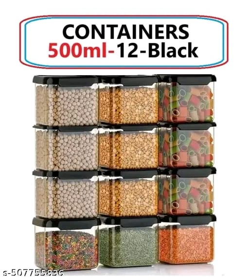 Shreenathji New Plastic 500ml (Pack of 12) Storage Jar & Container Set Air-Tight BPA Free Containers for Kitchen Storage Set Kitchen Organizer & Kitchen Storage Set Pantry Organization Multipurpose Jar 500ML Set 12 Black