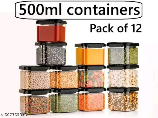 Shreenathji New Plastic 500ml (Pack of 12) Storage Jar & Container Set Air-Tight BPA Free Containers for Kitchen Storage Set Kitchen Organizer & Kitchen Storage Set Pantry Organization Multipurpose Jar 500ML Set 12 Black