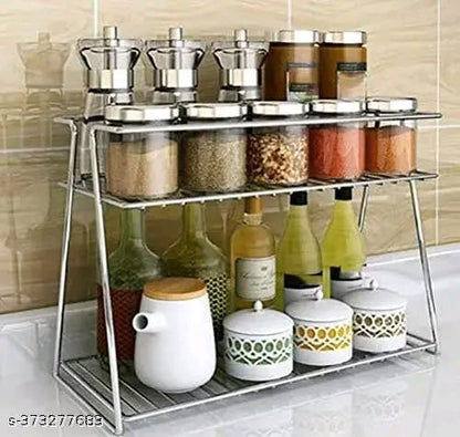 Stainless Steel 2-Tier Kitchen Rack and Organizer Spice Rack and Container Organizer, Utensils Dishes Spices Jar holder rack and cup and glass holder (2 Layer Spice Rack) Sliver