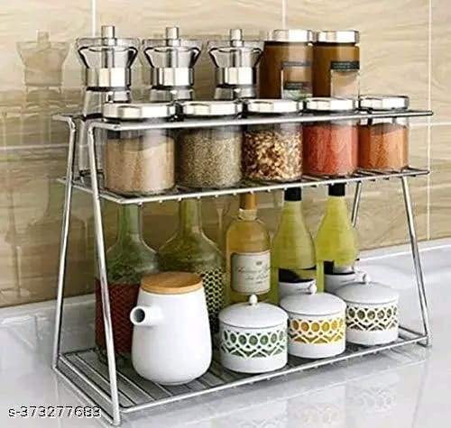 Stainless Steel 2-Tier Kitchen Rack and Organizer Spice Rack and Container Organizer, Utensils Dishes Spices Jar holder rack and cup and glass holder (2 Layer Spice Rack) Sliver