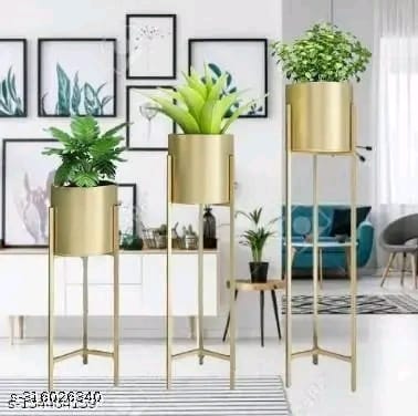 Modern Metal Floor Tall Indoor Plant Stand Flower Stands for Living Room Bedroom Display Plant Stand with Planter Pot Set Of 3 Gold |