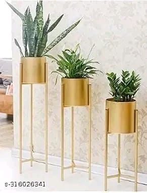 Modern Metal Floor Tall Indoor Plant Stand Flower Stands for Living Room Bedroom Display Plant Stand with Planter Pot Set Of 3 Gold | flower stand | plant stand metal |