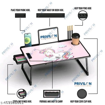 Foldable Wooden Mini Laptop Table for Bed, Study Table with Drawer, Tablet/Mobile Holder for Kids & Adults