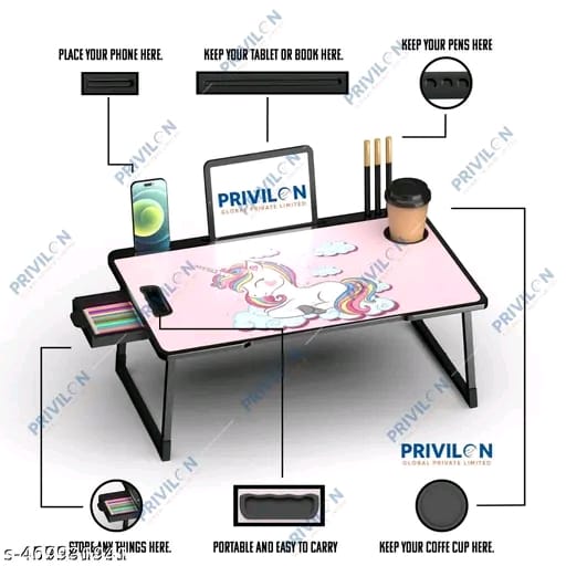 Foldable Wooden Mini Laptop Table for Bed, Study Table with Drawer, Tablet/Mobile Holder for Kids & Adults