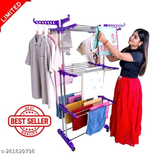 UNIZONE - Cloth Dryer Stand Stainless Steel Heavy Duty Double Pole 3 Layer Cloth Drying Stand for Balcony | Cloth Stand | Cloth Dryer Stands