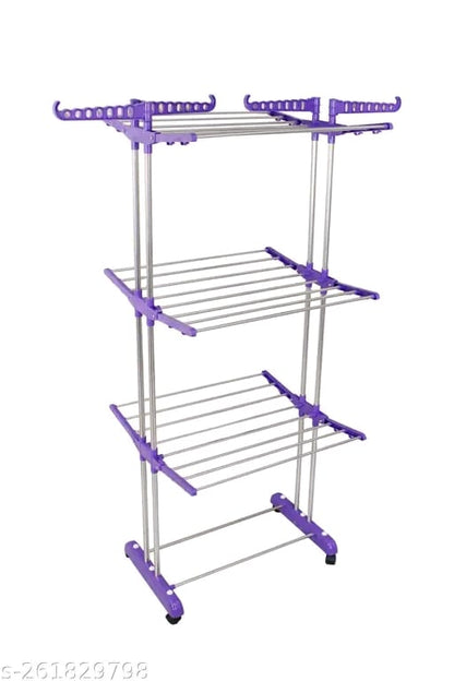 UNIZONE - Cloth Dryer Stand Stainless Steel Heavy Duty Double Pole 3 Layer Cloth Drying Stand for Balcony | Cloth Stand | Cloth Dryer Stands