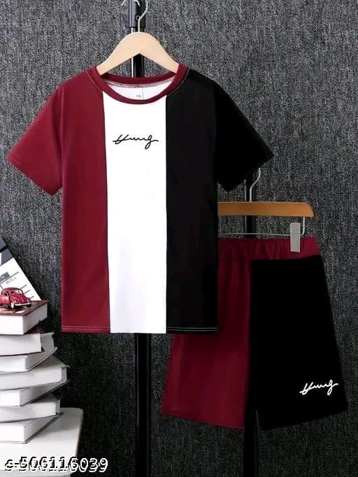 KEESOR Round Neck Colour Block T-shirt with Shorts | Boys Casual T-shirt Shorts Set