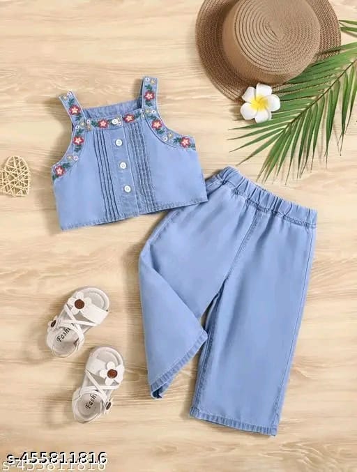 New Trendy Cutiepie Elegant Girls Embroidered Trending Denim Jeans Top & Bottom Sets