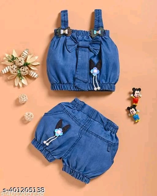 New Latest Baby Girl Outfits Summer Clothes Top With Shorts Set Denim Blue