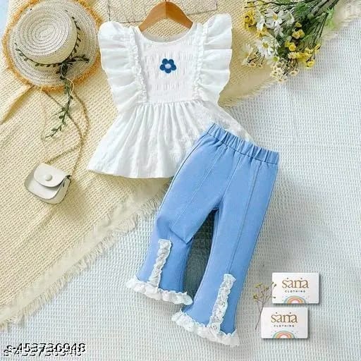 Ruffle Top & Lace Trim Flare Soft Denim Pants Set for Girls | Sana Clothing