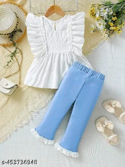 Ruffle Top & Lace Trim Flare Soft Denim Pants Set for Girls | Sana Clothing