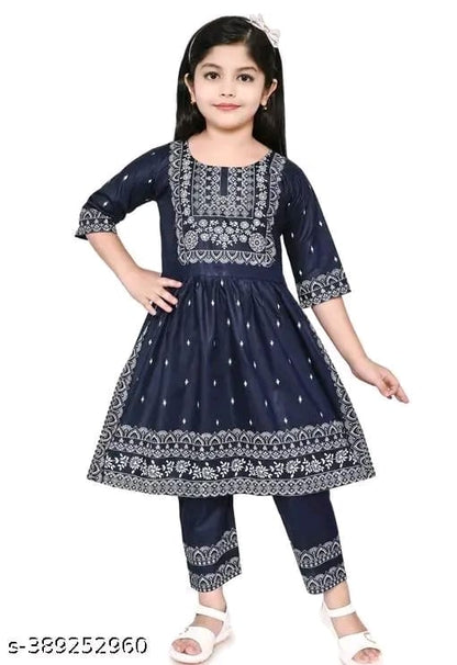 Baby Girl's Rayon Printed Round Neck Naira Cut Kurti With Pant (Navy Blue)