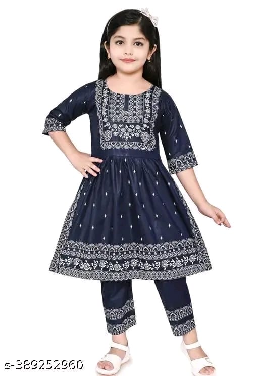 Baby Girl's Rayon Printed Round Neck Naira Cut Kurti With Pant (Navy Blue)