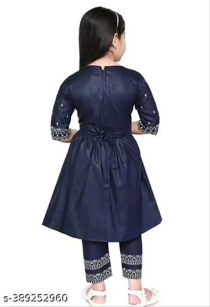 Baby Girl's Rayon Printed Round Neck Naira Cut Kurti With Pant (Navy Blue)