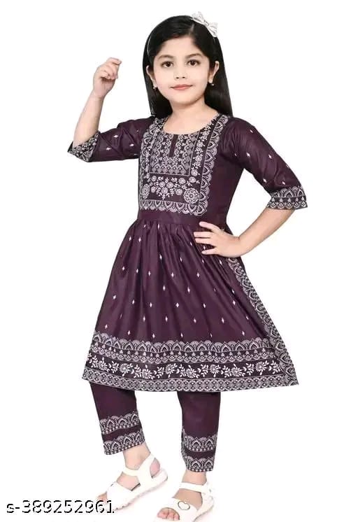 Baby Girl's Rayon Printed Round Neck Naira Cut Kurti With Pant (Navy Blue)