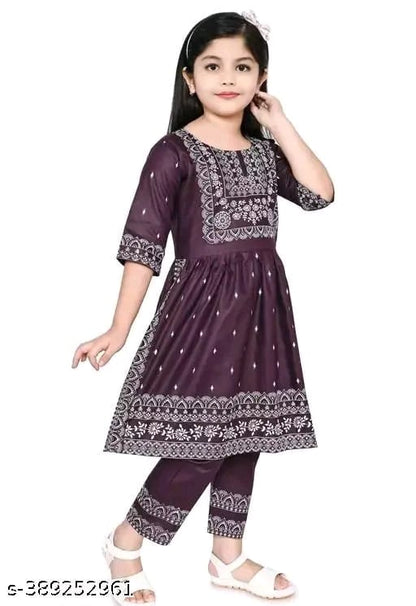Baby Girl's Rayon Printed Round Neck Naira Cut Kurti With Pant (Navy Blue)