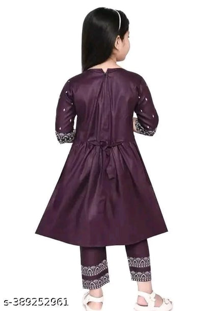 Baby Girl's Rayon Printed Round Neck Naira Cut Kurti With Pant (Navy Blue)