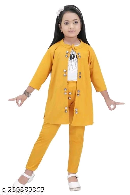 Baby Girls Casual Blazer and Pant Set | Girl's 3 Piece Crepe Long Sleeves Dress with Top Blazer(Jacket) and Trousers (Yellow Pack of 1)