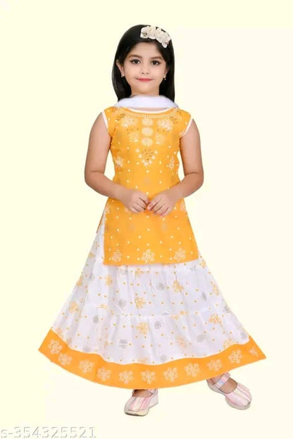 Printed Kurta and Skirt Set with Dupatta for Girls