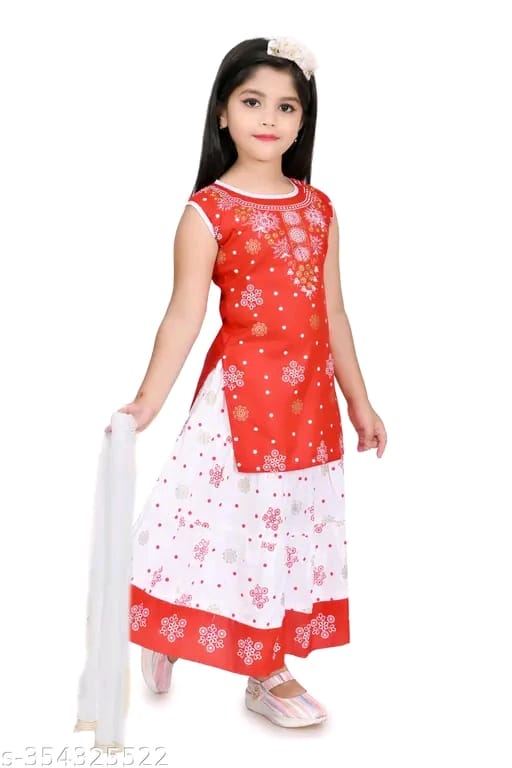 Printed Kurta and Skirt Set with Dupatta for Girls