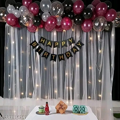 White Net Curtain Happy Birthday Decoration Items Combo Kit with white net curtain,led light, metallic balloons, ribbon & banner for boy girl husband wife kids