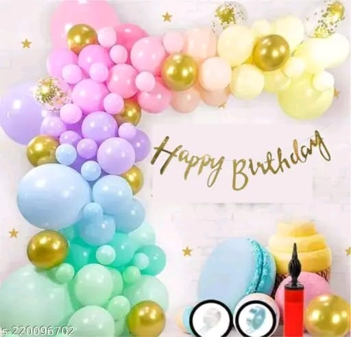 Naveen Birthday Decoration Kit - Blue Yellow Green Pink Orange Pastel Balloons with Foil Birthday with Chrome and Confetti Balloons Glue Dot and Arch Roll for Boys girls Kids Baby Birthday Decoration Items | Birthday Decoration Combo