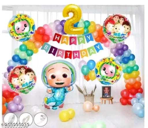 Cocomelon Theme Birthday Party Decoration Kit:- 50 pc s Combo Kit includes Multicolor Happy birthday Banner , 50 Multi color Balloons,5 pcs Set of Cocomelon, 2 No Foil, 1 arch , 1 glue dote, 1 ribbon