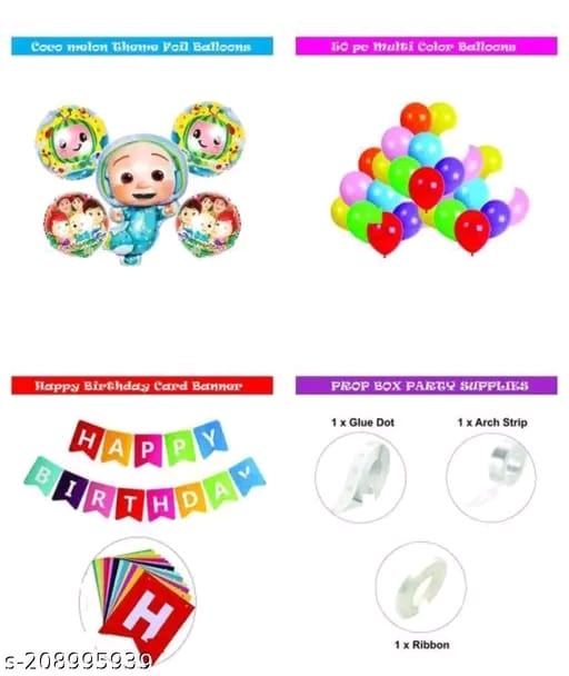 Cocomelon Theme Birthday Party Decoration Kit:- 50 pc s Combo Kit includes Multicolor Happy birthday Banner , 50 Multi color Balloons,5 pcs Set of Cocomelon, 2 No Foil, 1 arch , 1 glue dote, 1 ribbon