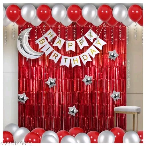 Birthday Decoration Combo for Babies Girls Boys Son Daughter Teenagers 40 Items Foil Curtains, Balloons, Moon & Stars (Red-Silver)