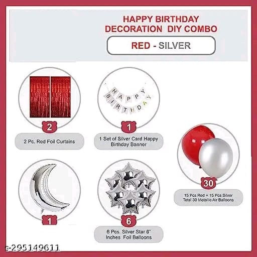 Birthday Decoration Combo for Babies Girls Boys Son Daughter Teenagers 40 Items Foil Curtains, Balloons, Moon & Stars (Red-Silver)